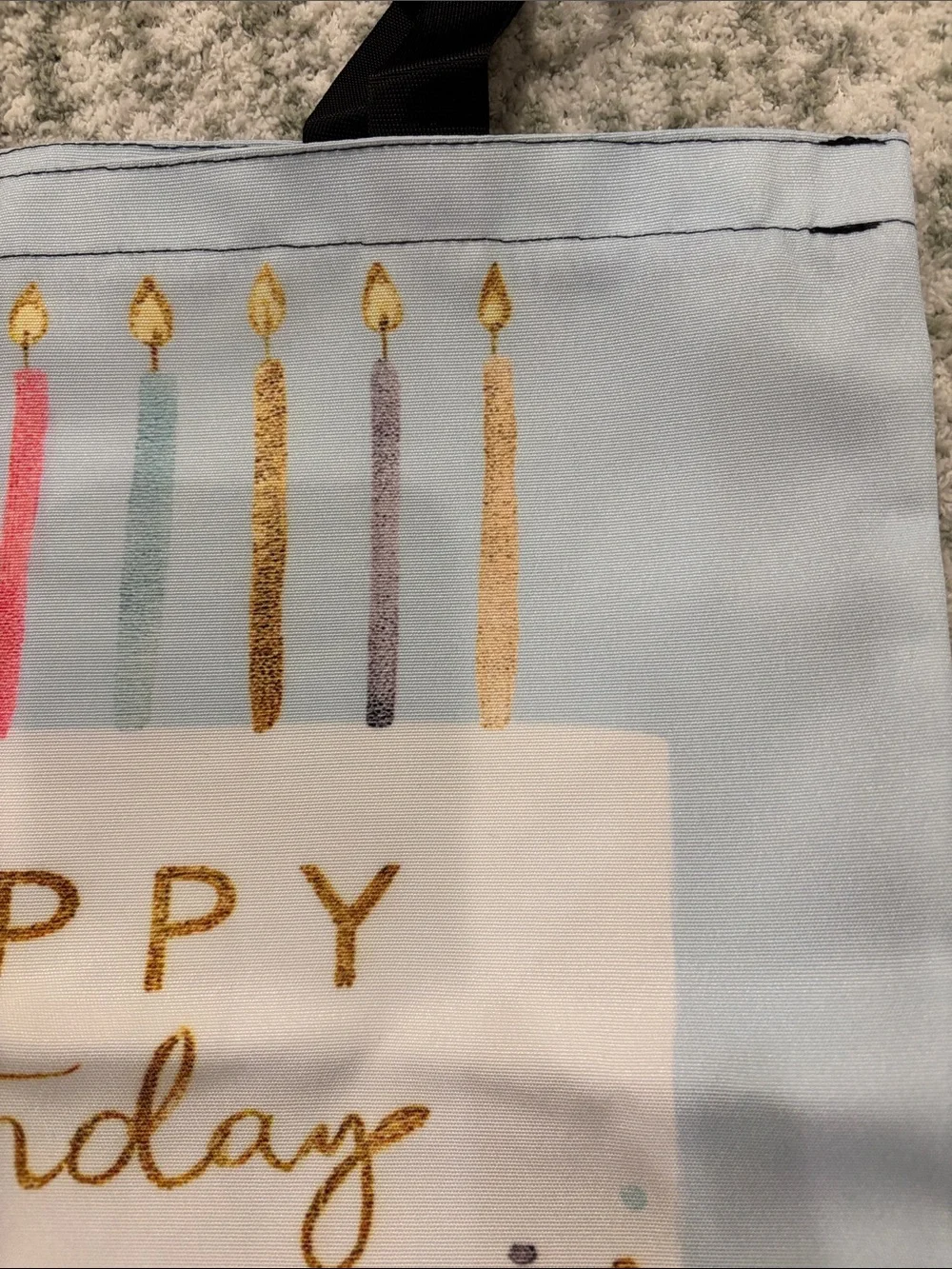 Happy Birthday Cake Light Blue Poly Canvas Tote Bag NWT 15.75x15”